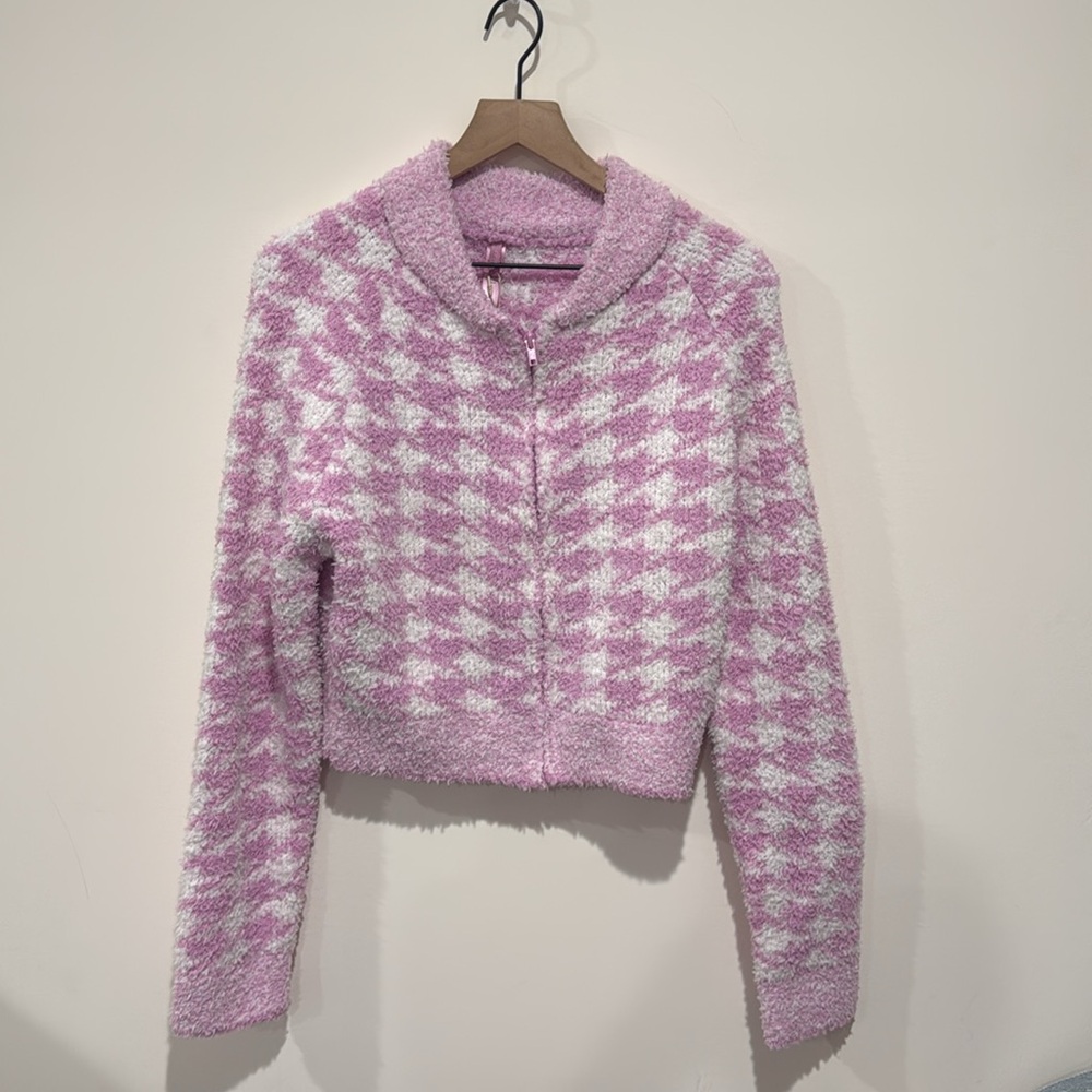 NEW •Skims • Women’s Cozy Knit Zip Up Sweater Pink White Houndstooth Large - Picture 3 of 5